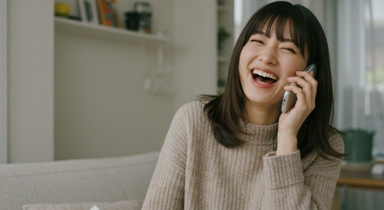 電話占いのタロット鑑定で笑う女性