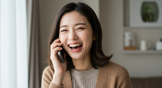 電話占いを活用して笑顔になる女性のイメージ